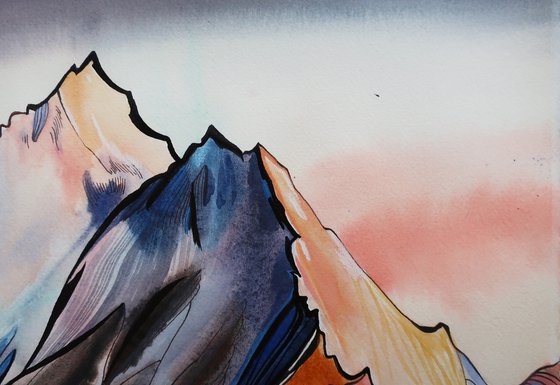 Mountain landscape. Ama Dablam, Himalayas Mixed-media painting by Alla ...