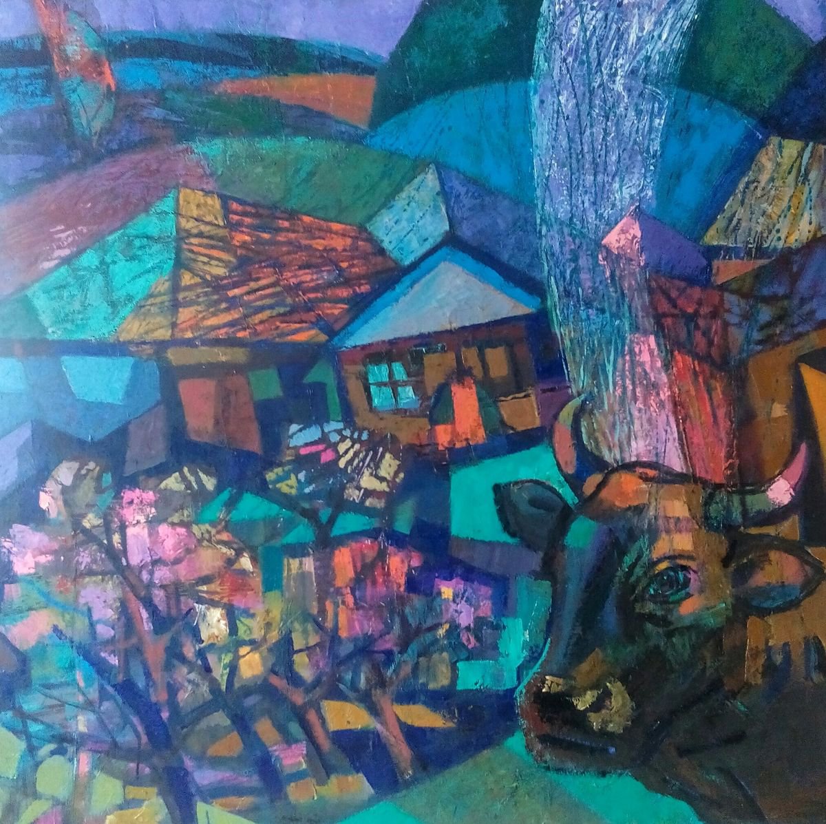 Impressionistic Landscape Oil Painting By Olena Kondratiuk, 35 X 35", The Cows Come Back, Original Artwork