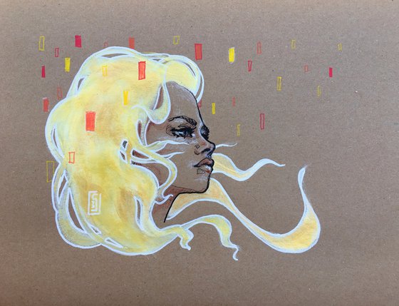 (SOLD) Girl with golden hair blowing on brown paper: Goldilocks 2