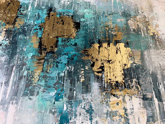 Mint Veil - Abstract Painting 60" x 40" Large Abstract Gold Leaf Soft Colors White Gray Painting