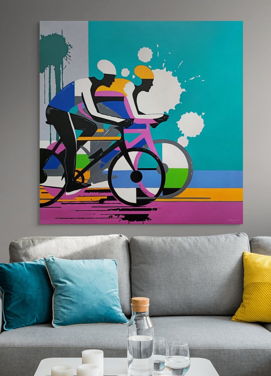 Abstract Portrait Acrylic Painting By Evgen Semenyuk, 39 X 39, Bright Cyclists, Original Artwork
