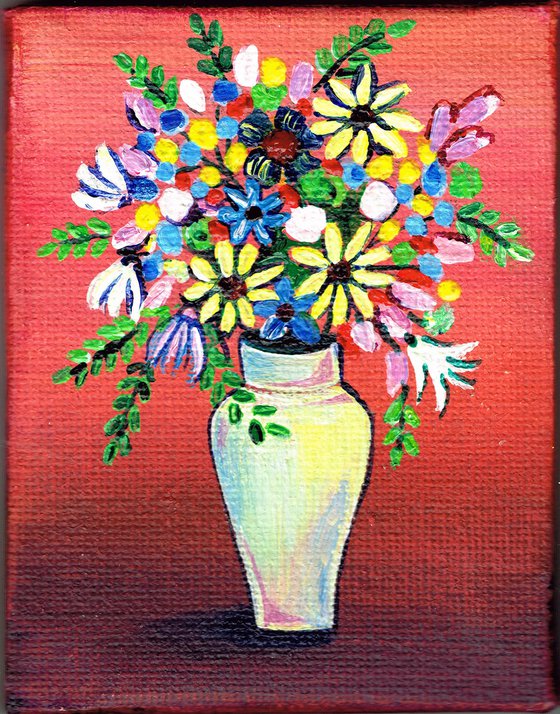 Flowers in white vase, original acrylic miniature painting, still life N4