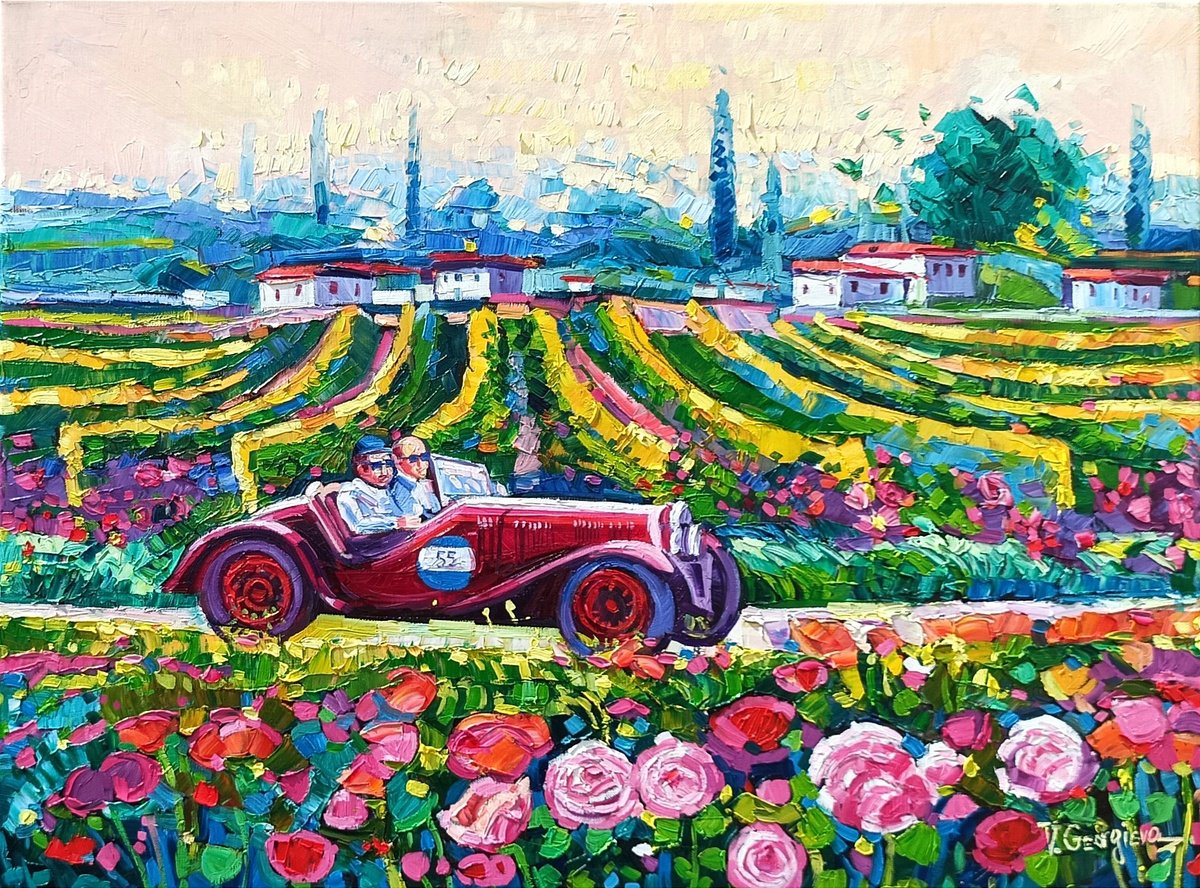 Expressive Portrait Oil Painting By Vanya Georgieva, 31 X 24", Mille Miglia/Joy , Vineyards And Roses, Original Artwork