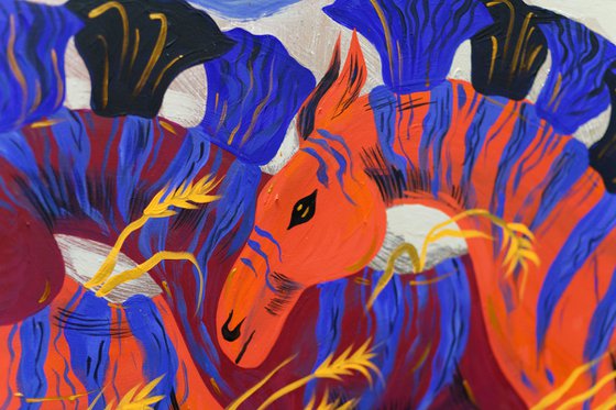 Large painting with Horses. Red horse. African autumn landscape