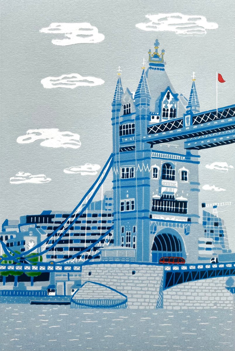 Illustrative Cityscapes Linocut By Nathalie Pymm Art, 8 X 12", Tower Bridge, Original Artwork