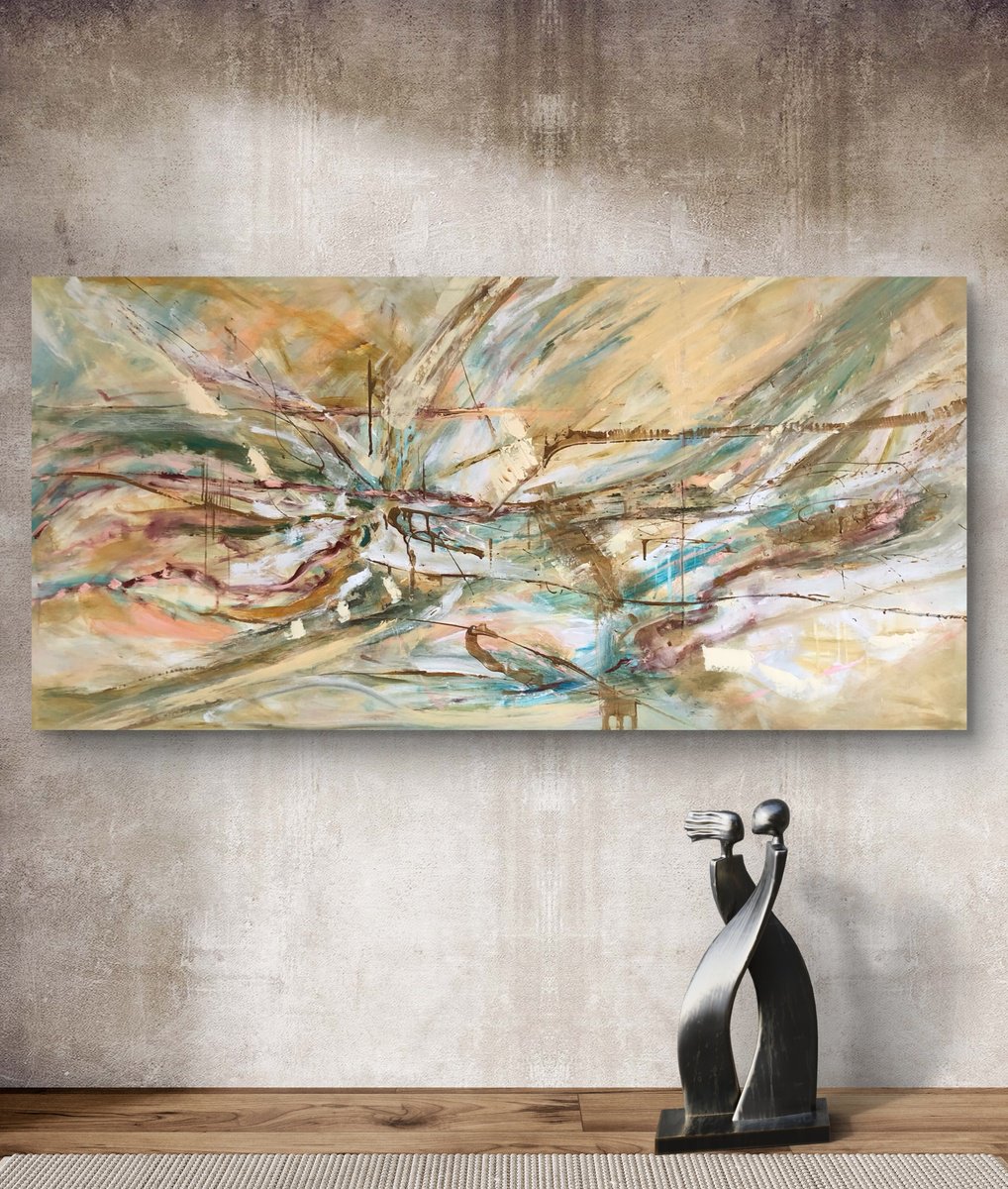 Abstract Painting By Snezana Djordjevic, 63 X 31", Gold Horizons, Original Artwork