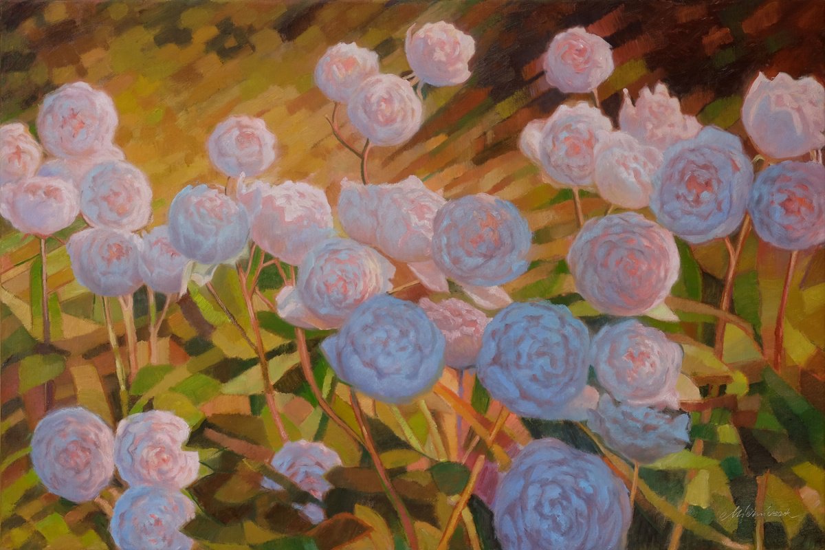 Impressionistic Botanical Oil Painting By Richard Mierniczak, 41 X 28", Rosebush 3., Original Artwork
