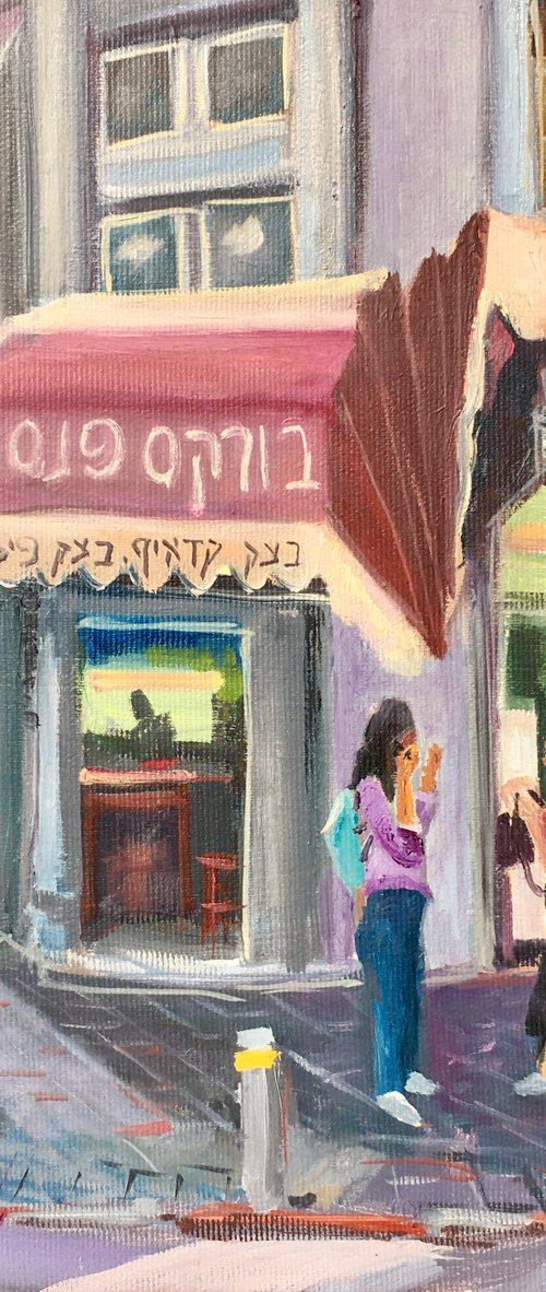 South street cafe in Tel Aviv, Original oil painting by Leo Khomich