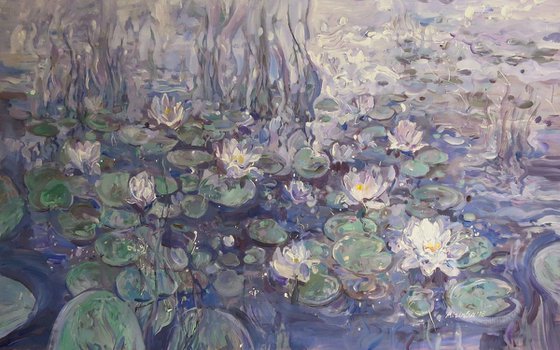 Large painting 160x100 cm unstretched canvas "Lilies in a dark water" i030 original artwork by Airinlea