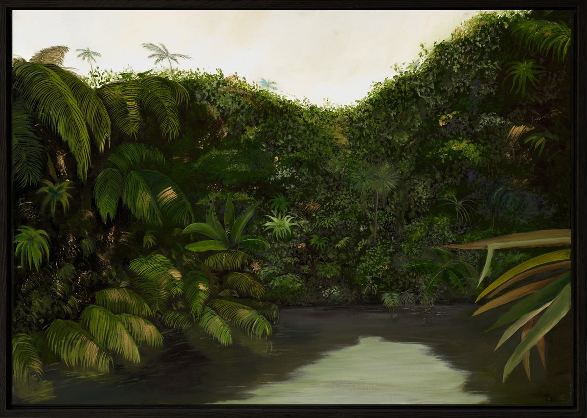Impressionistic Landscape Oil Painting By Robert Kerr, 41 X 29", Rainforest Oasis, Original Artwork