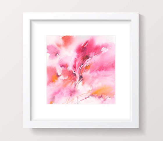 Pink abstract floral painting, small square art