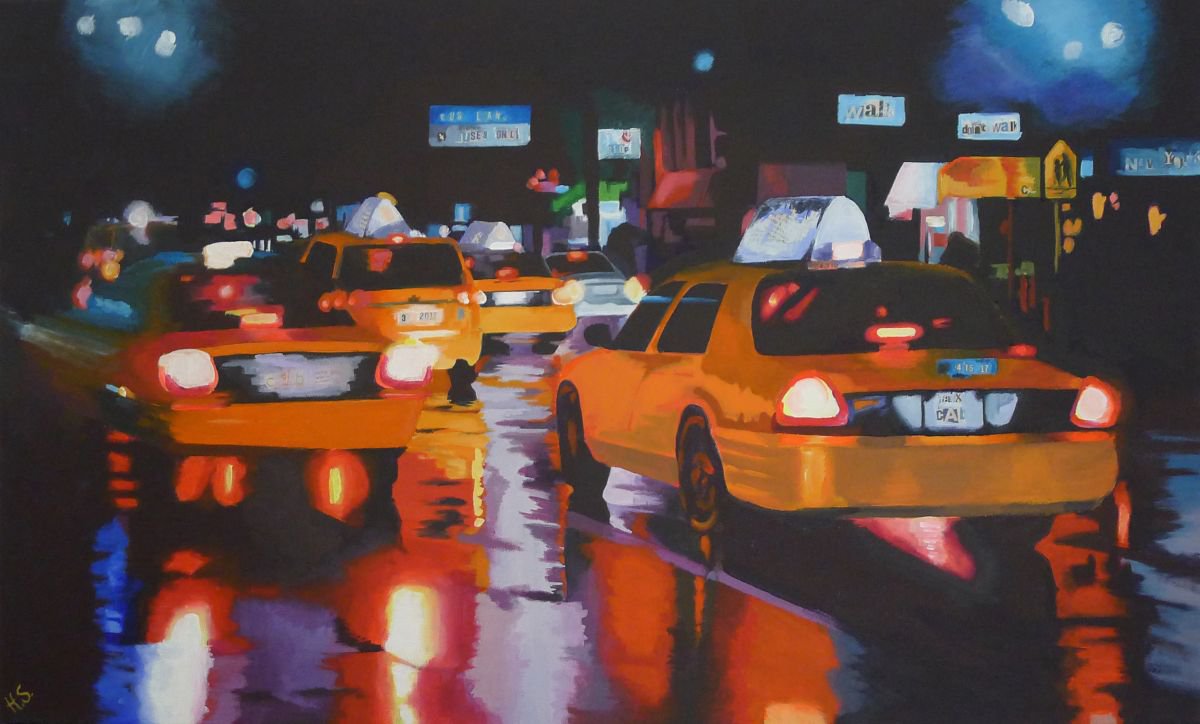 New York Taxi Cabs In The Rain By Helen Sinfield, 34 X 20, Artwork For Sale On Artfinder