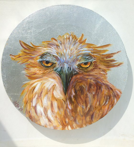 Bird original oil painting - Eagle-owl funny portrait - Silver leaf art - Round canvas wall art - Gift idea for him