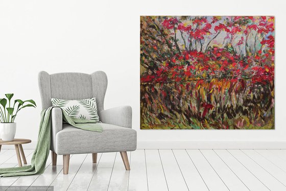 CHARMING AUTUMN COLOURING - XL large landscape painting original, oil on canvas, red autumn, interior art home decor 170x200