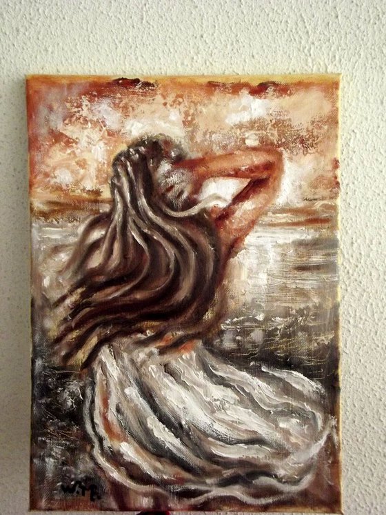 SEASIDE GIRL - THE WIND - Oil painting on canvas (25x35cm)