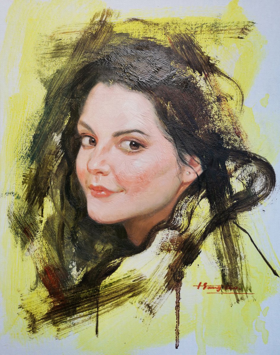 Impressionistic Portrait Oil Painting By Hongtao Huang, 9 X 12, Portrait Of Lady #22051, Original Artwork