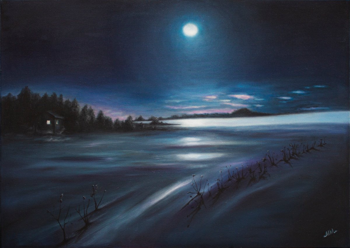 Impressionistic Landscape Oil Painting By Mila Moroko, 28 X 20", Winter Moonlight, Original Artwork