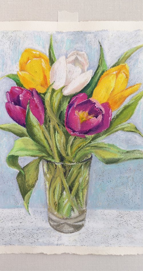 Bright floral bouquet, oil pastel floral painting by Olga Grigo