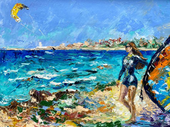 Kitesurfing - Spot atmosphere, 47*37cm, impressionistic oil impasto landscape painting