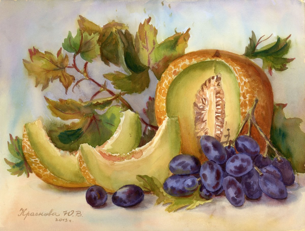Still Life Watercolour By Yulia Krasnov, 15 X 11", Melon And Grapes, Original Artwork