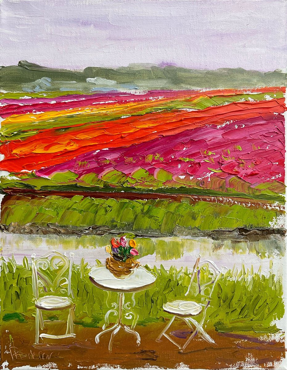 Impressionistic Landscape Oil Painting By Dmitry Fedorov, 12 X 16, Tulip Fields Serenity, Original Artwork