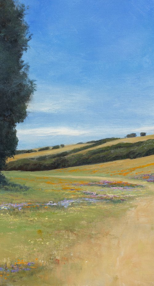 Summer Hills 220807, trees and road path impressionist landscape painting by Don Bishop