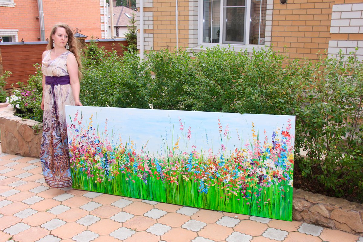 SPRING VIEW XXXL extra large - Sky. Clouds. Wild flowers. Spring. Large. Super big. Green... by Marina Skromova