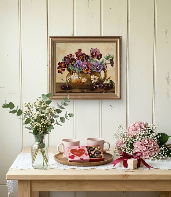 Pansies in Rustic Jug with Cherries