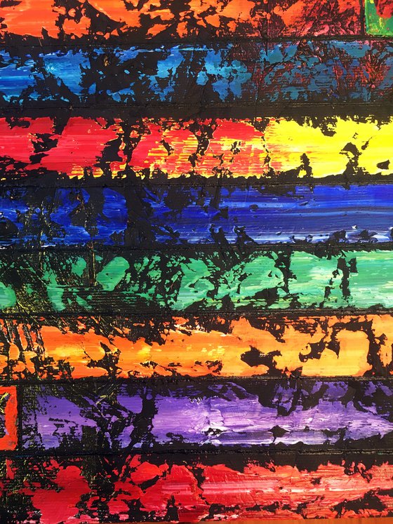 "The Grown-Ups Are Talking" - Original Xt Large PMS Abstract Triptych Oil Paintings On Canvas and Recycled Wood - 76" x 26"