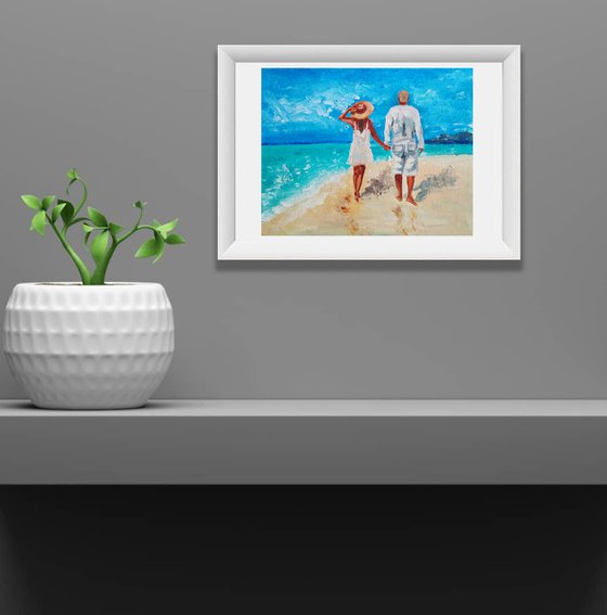 The stroll, Couple Romantic Painting Original Art Ocean Beach Wall Art