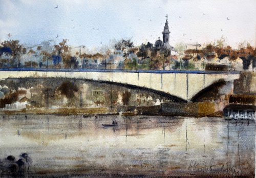 Morning over Branko´s bridge / Jutro iznad Brankovog mosta / original watercolor painting by Nenad Kojić watercolorist