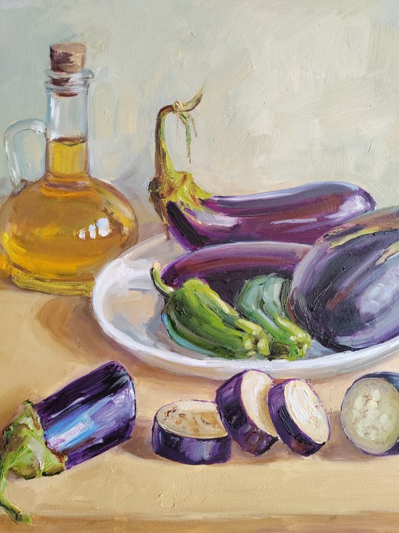 Blue Eggplant Vegetables in a Plate with olive oil still life painting