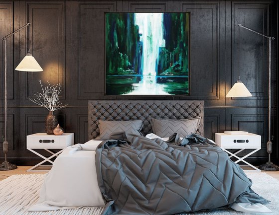 Deep forest waterfall- large size 100 x 100 cm (39 x 39 inches )-ready to hang