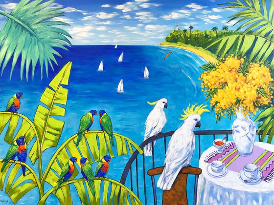 Australian Seascape with cockatoos and rainbow lorikeets