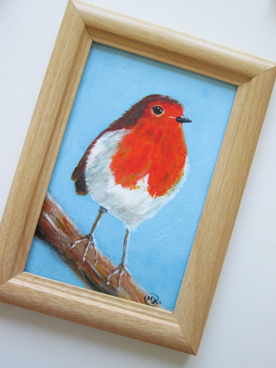 Framed small Robin Garden Bird painting by MARJANSART