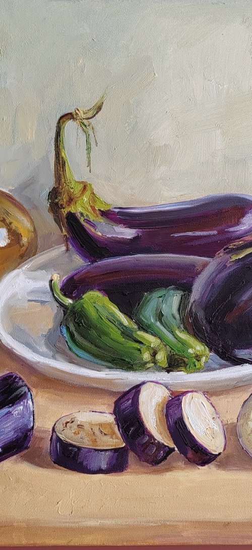 Blue Eggplant Vegetables in a Plate with olive oil still life painting by Leyla Demir