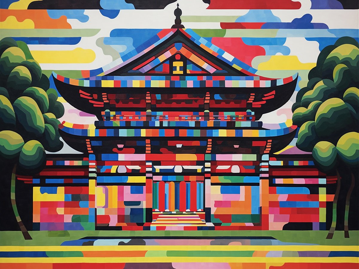 Urban And Pop Acrylic Painting , Asian Temple By Kosta Morr, 31 X 24, Artwork For Sale On Artfinder