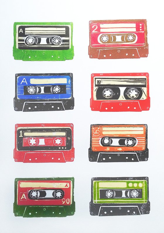 Linocut tapes #40 (cassette tapes, retro music, 70's, 80's rock culture)