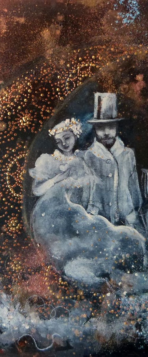"Une nuit au long cours". romantic couple mix media on wood  30x30cm by Loetitia Pillault