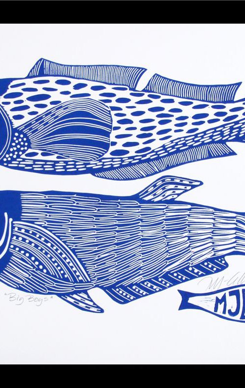 Big Boys, linocut by Mariann Johansen-Ellis