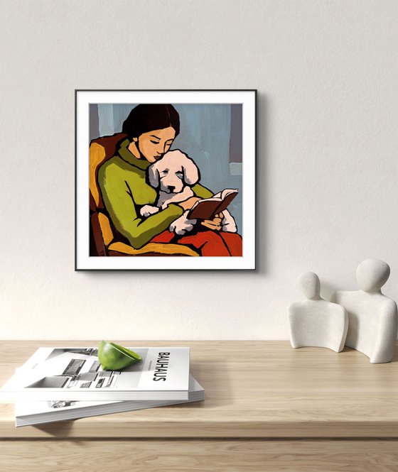 Woman Reading to Dog - Original Art 8x8 inch