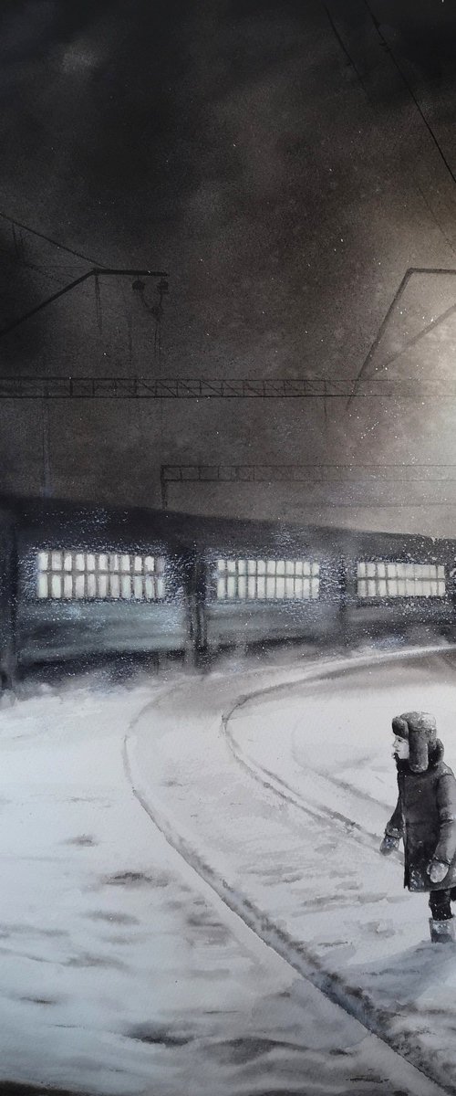 Night Soviet Train Station by Olga Beliaeva Watercolour