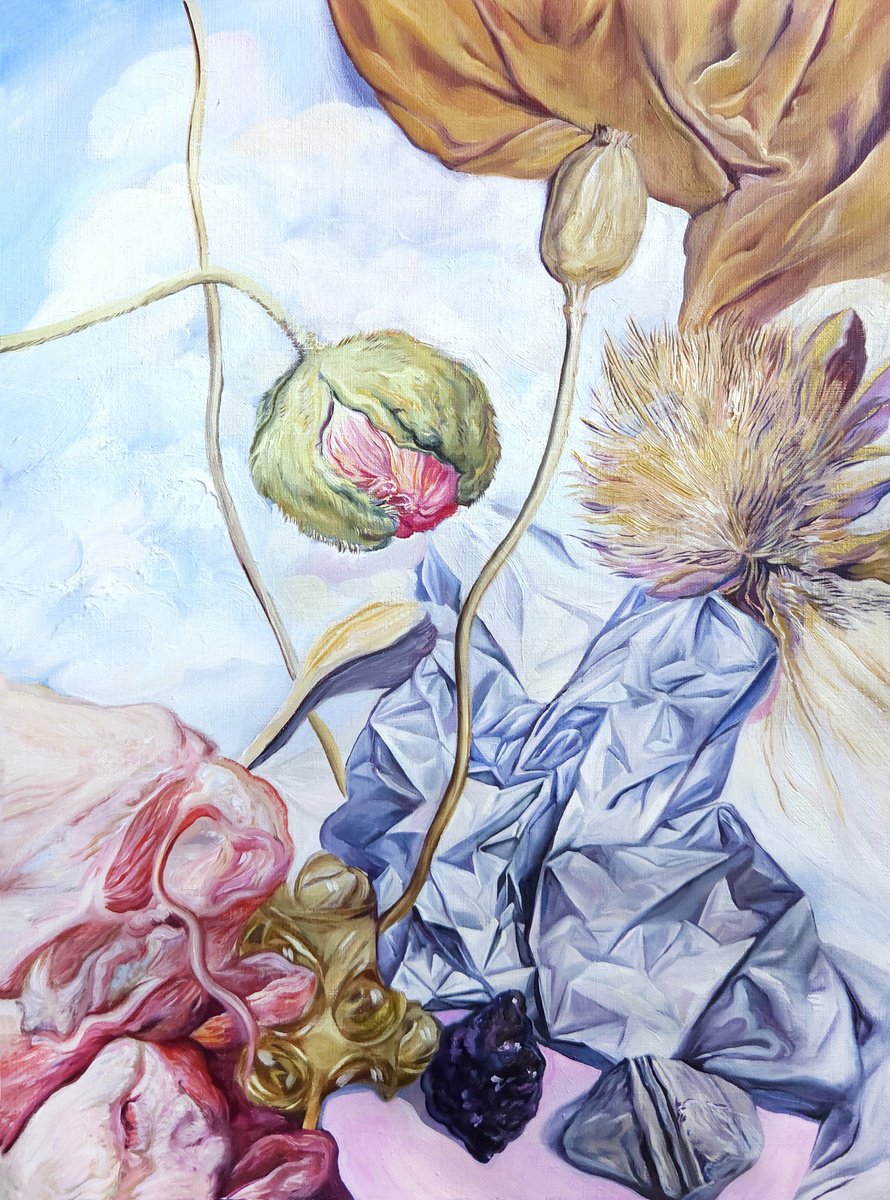 Surrealistic Oil Painting , Poppies And Artichoke Flower By Daria Galinski, 12 X 16, Artwork For Sale On Artfinder