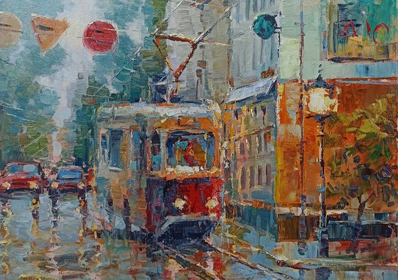 Red tram (50x70cm, oil painting, ready to hang)