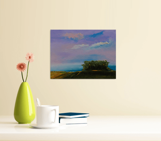 Abstract landscape painting. Small oil sunset painting