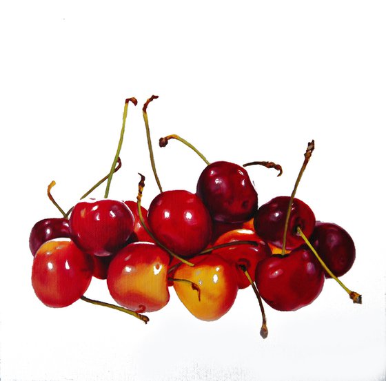 Cherries painting, Original oil on canvas realistic art, 30 x 30 cm