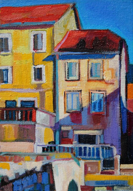 Yellow houses on the seashore / 16.3 x 11.4 cm