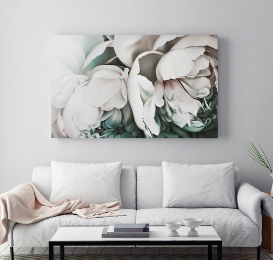 "Tender peonies 2" White flower oil art