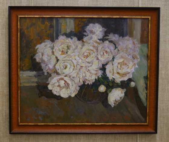 The Peonies Near The Night Window - peonies still life painting