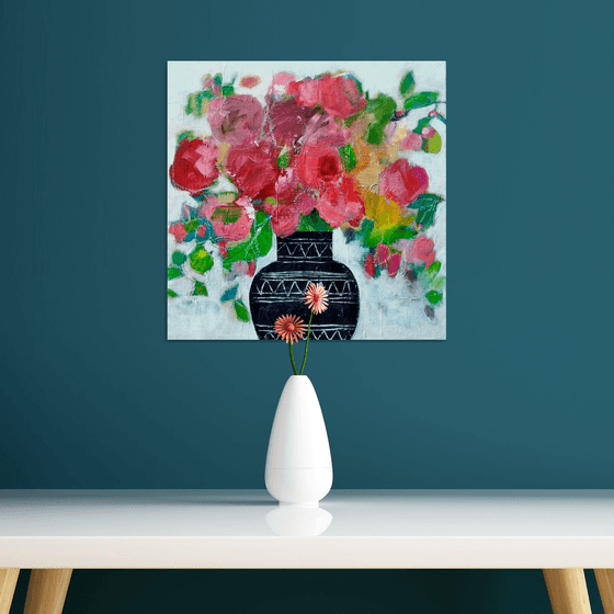 Roses in a Black Vase